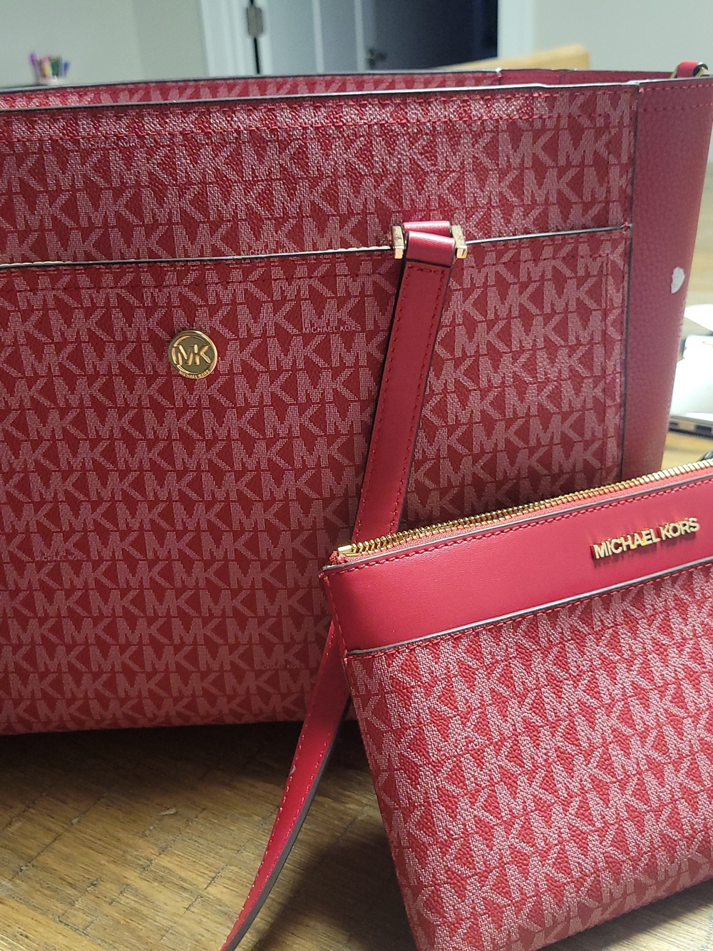 Michael Kors Red Signature MK Monogram Tote with Matching Wristlet